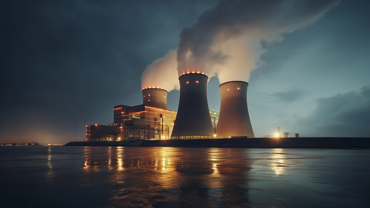 Usina nuclear iluminada à noite, com quatro torres de resfriamento emitindo vapor e refletindo luzes na superfície da água em primeiro plano.