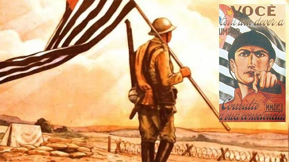 Ilustração de um soldado da Revolução Constitucionalista de 1932, visto de costas, segurando uma bandeira do estado de São Paulo em meio a um campo de batalha. No canto direito, há um cartaz de recrutamento com um soldado apontando para o leitor e os dizeres “VOCÊ tem um dever a cumprir. Consulte a sua consciência. MMDC”, em referência ao movimento paulista pró-Constituição. A imagem destaca o sentimento patriótico e o apelo à participação popular durante o conflito.