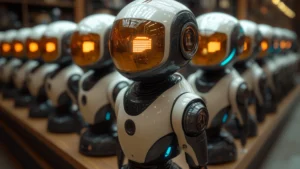 Uma fileira de robôs humanoides em miniatura, de aparência futurista, com capacetes de visor laranja espelhado e corpo branco com detalhes pretos. Eles estão alinhados lado a lado em uma superfície de madeira, refletindo luzes do ambiente, como se estivessem em exposição.