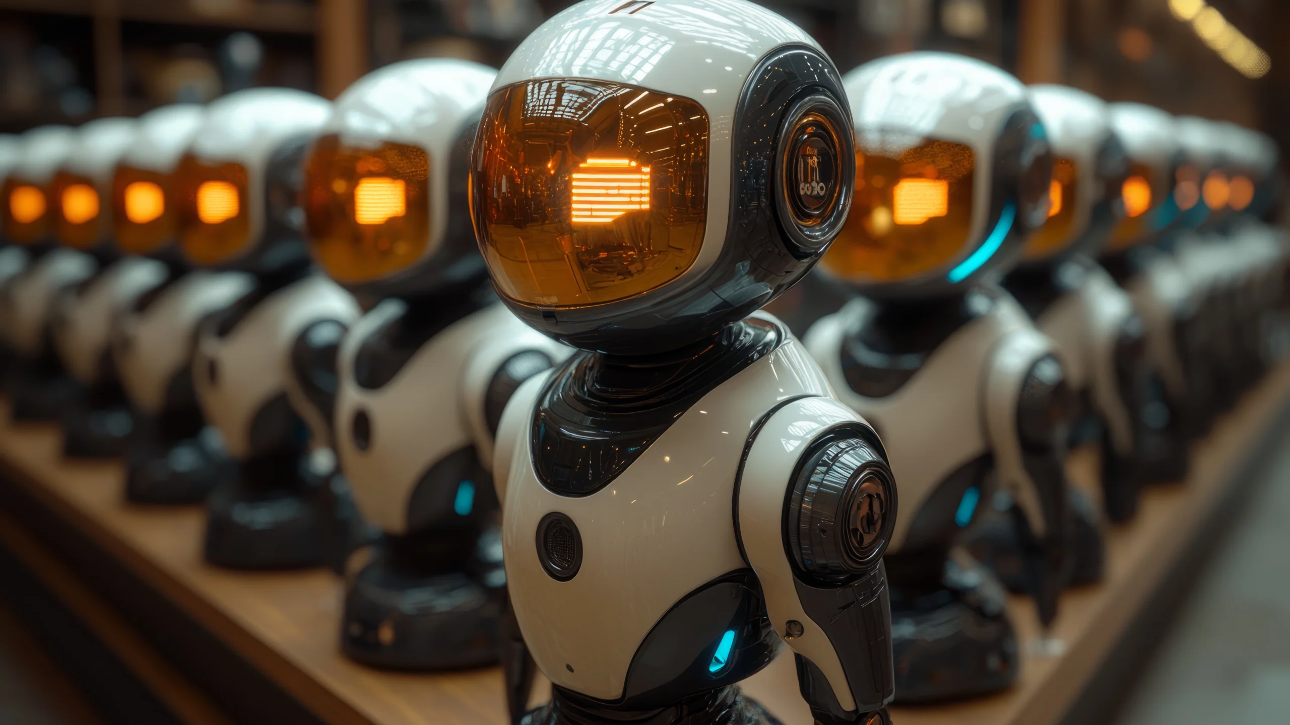 Uma fileira de robôs humanoides em miniatura, de aparência futurista, com capacetes de visor laranja espelhado e corpo branco com detalhes pretos. Eles estão alinhados lado a lado em uma superfície de madeira, refletindo luzes do ambiente, como se estivessem em exposição.