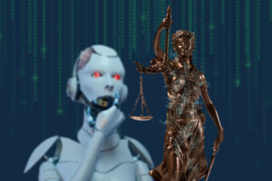 Estátua da Justiça com balança, parcialmente sobreposta por efeitos digitais, em primeiro plano; ao fundo, um robô com olhos vermelhos observa, representando o encontro entre inteligência artificial e sistema jurídico