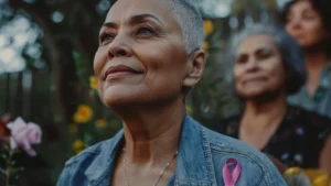 Mulher madura de cabelos curtos e grisalhos, com expressão serena e confiante, veste jaqueta jeans com um laço rosa preso no peito — símbolo da campanha Outubro Rosa. Ao fundo, outras mulheres aparecem desfocadas, sugerindo união e apoio. A imagem transmite força, esperança e solidariedade na luta contra o câncer de mama.