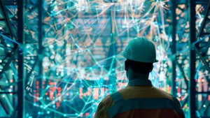 Imagem de um corredor interno de data center, com fileiras simétricas de servidores iluminados por luzes LED. O ambiente é altamente controlado e organizado, reforçando a ideia de operação contínua, tecnologia avançada e grande consumo energético