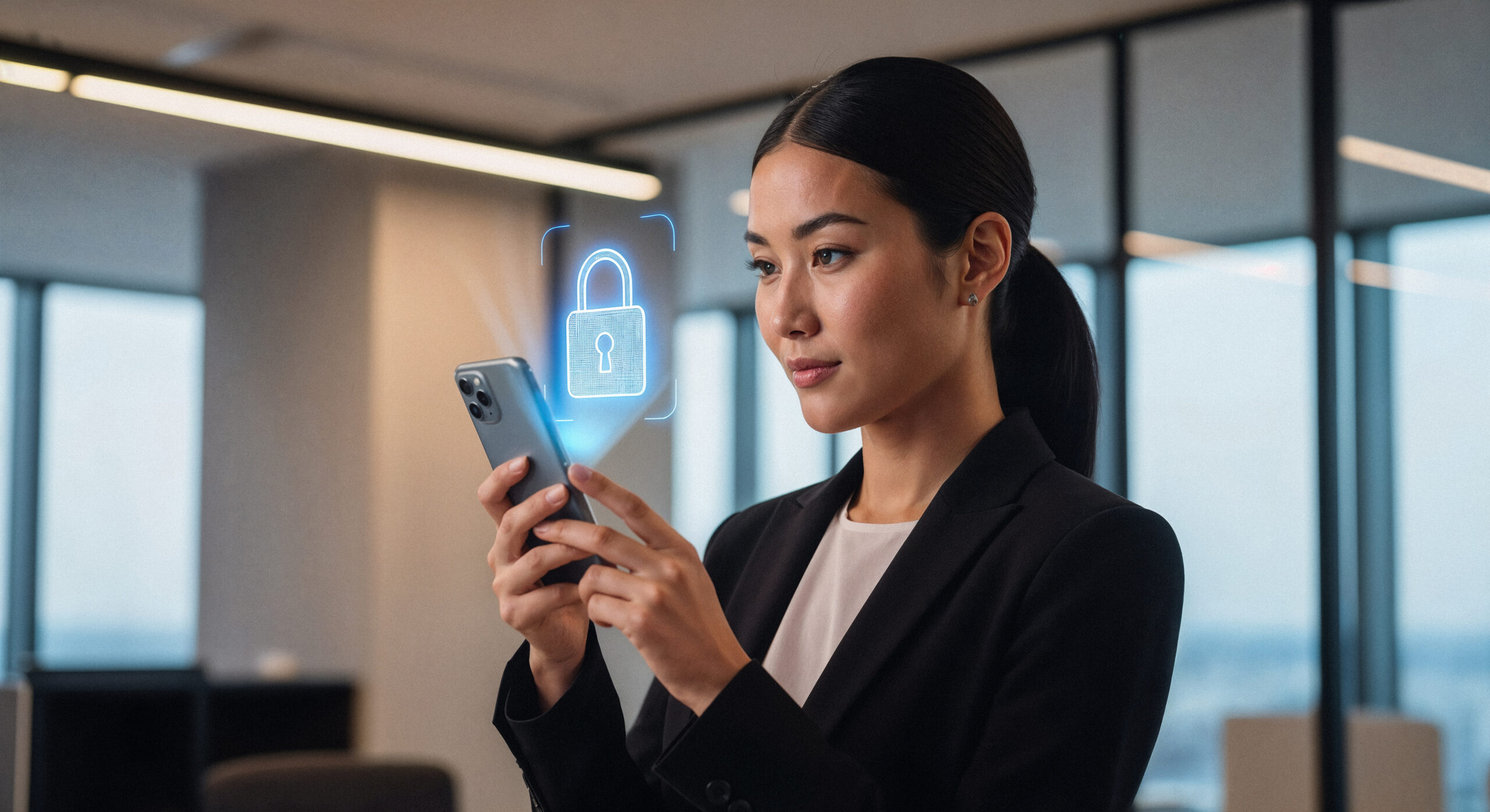 Profissional em ambiente corporativo usando smartphone enquanto um ícone digital de cadeado aparece na tela, representando segurança e proteção de dados.