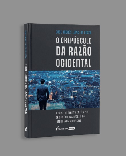 Capa do livro “O crepúsculo da razão ocidental”, de José Andrés Lopes da Costa, com ilustração de uma pessoa diante de uma rede digital sobre uma cidade.