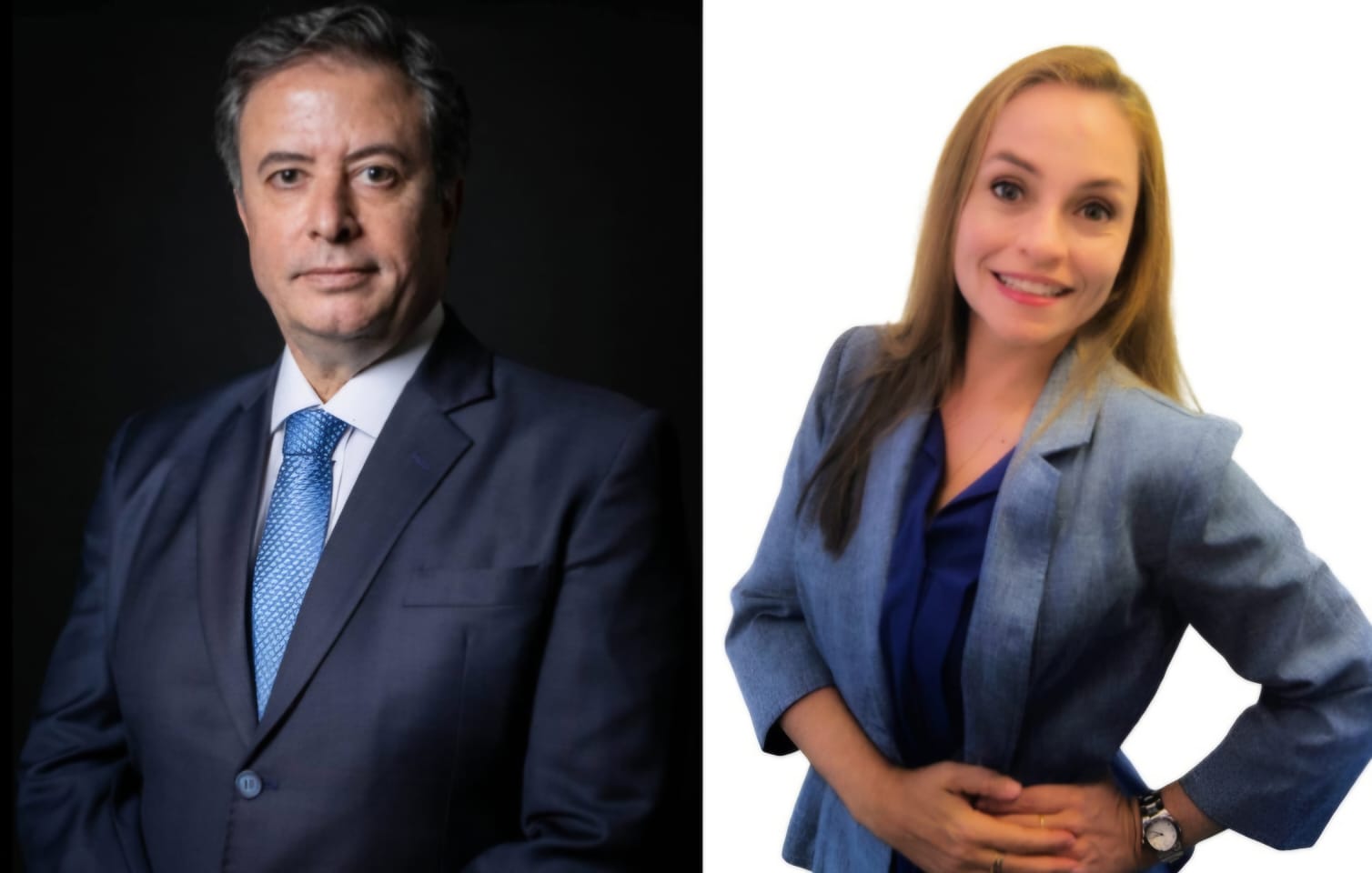 Imagem composta mostra dois profissionais em retratos institucionais: à esquerda, homem de terno e gravata em fundo escuro; à direita, mulher de blazer azul em fundo claro, ilustrando anúncio de expansão de escritório de advocacia