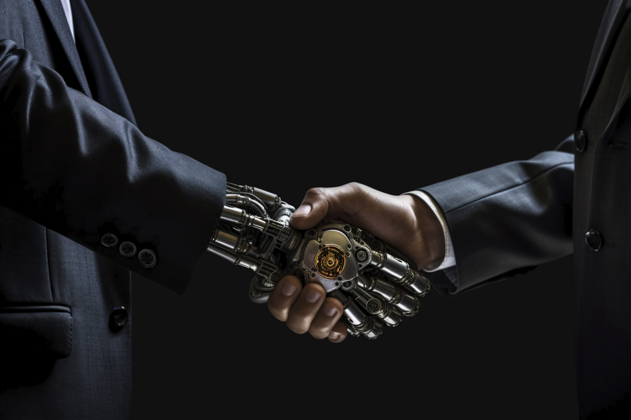 Mão robótica aperta a mão de um homem de terno, simbolizando a parceria entre inteligência artificial e profissionais em ambientes corporativos e jurídicos