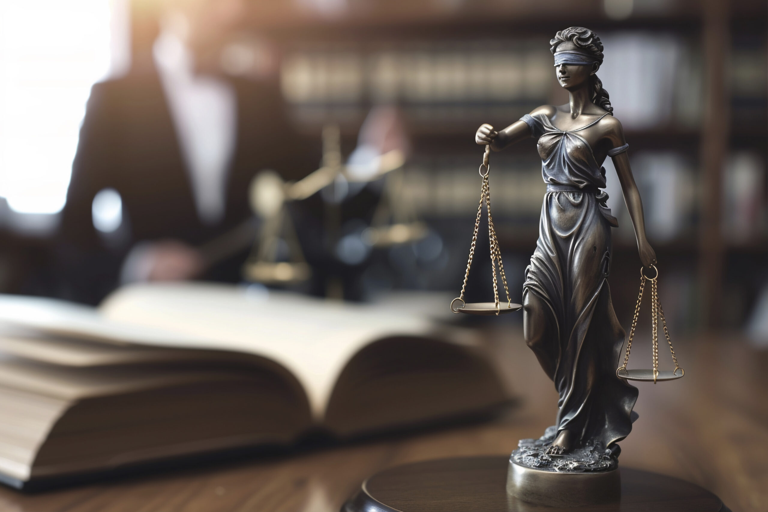 Estátua da Justiça com balança em escritório jurídico, diante de livros e advogado ao fundo, representando reputação, confiança e atuação no mercado legal