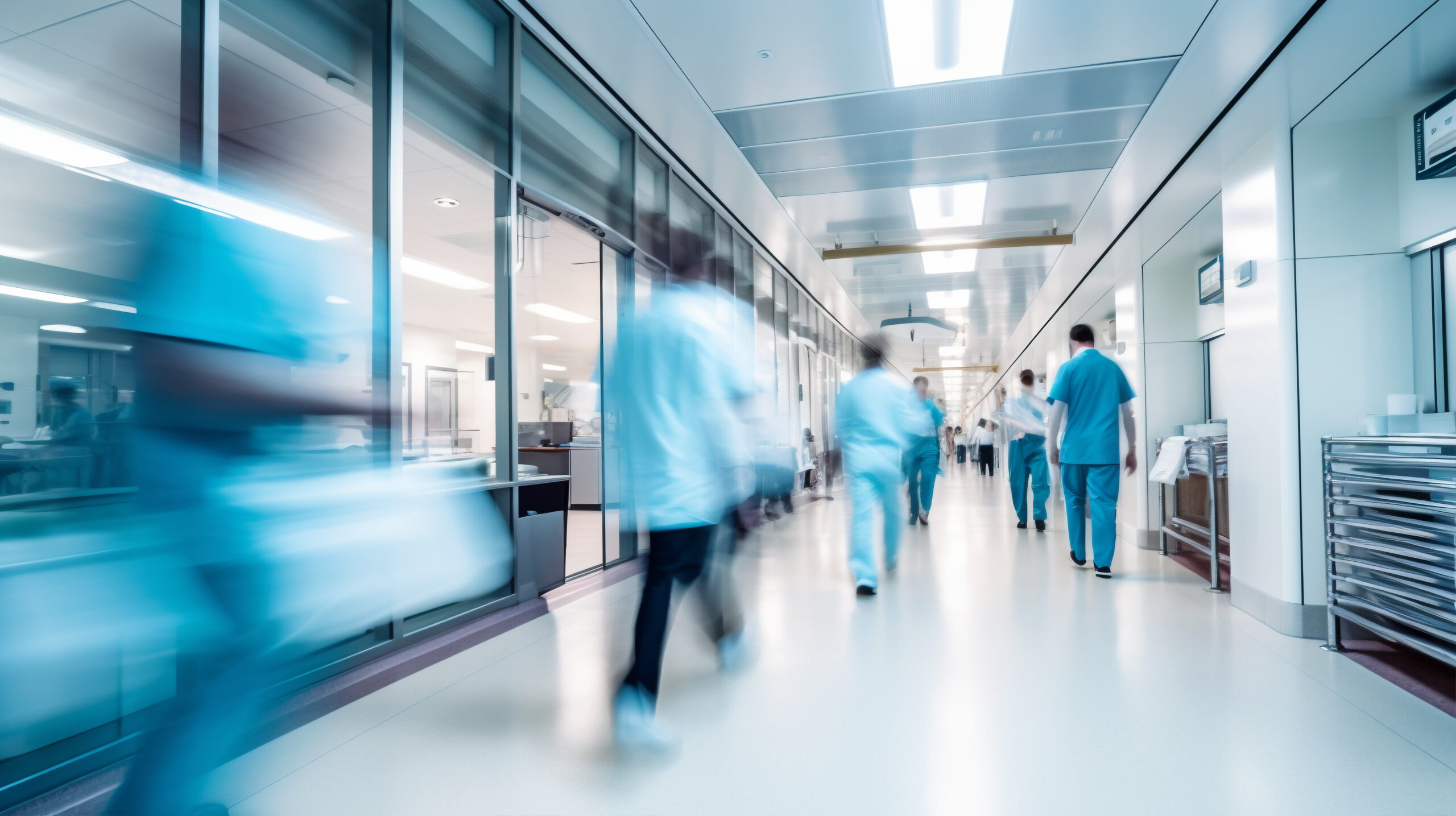 Profissionais de saúde caminham por corredor hospitalar moderno, com efeito de movimento que sugere rotina intensa e atendimento ágil em ambiente clínico.