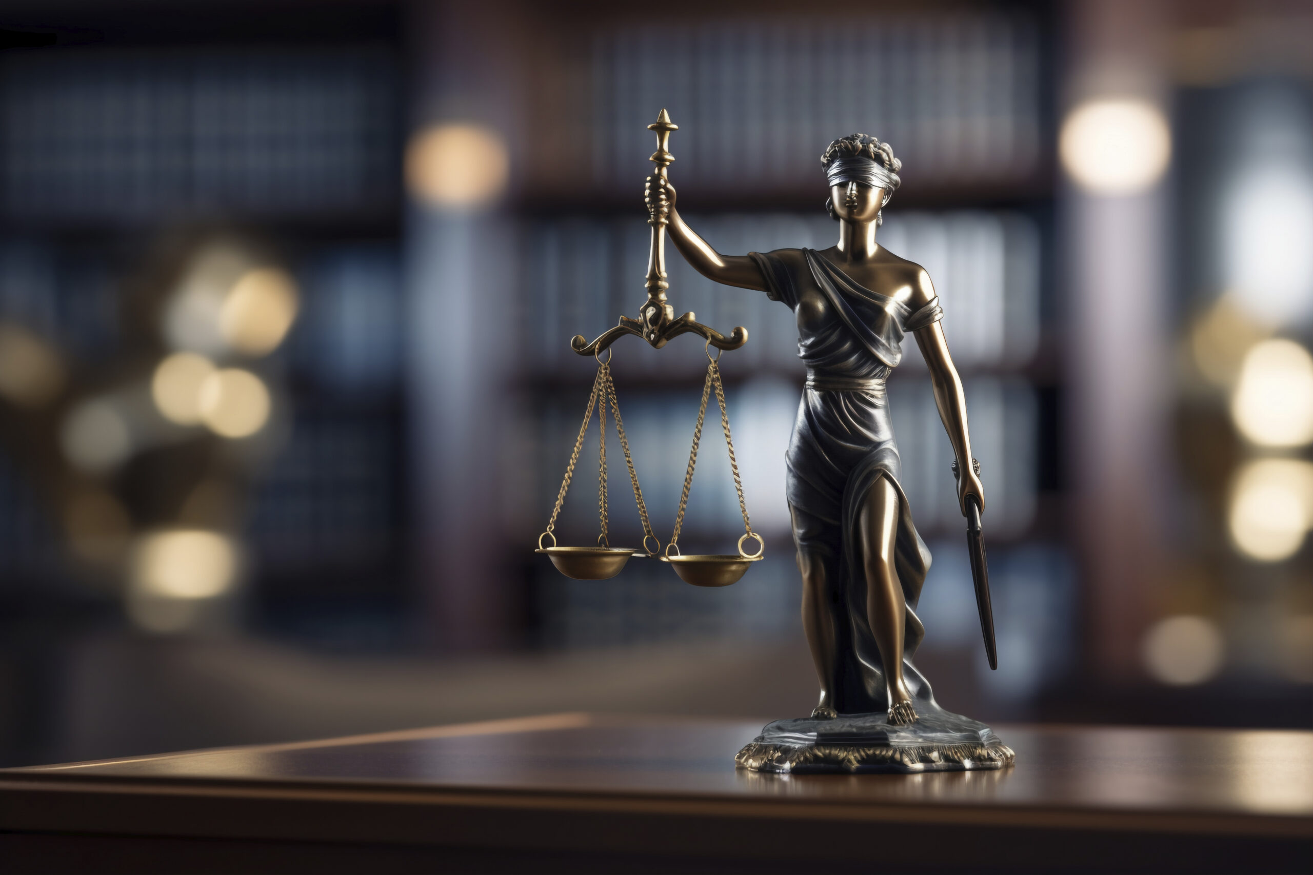 Estátua da Justiça com balança e espada em ambiente jurídico, com estantes de livros ao fundo desfocadas