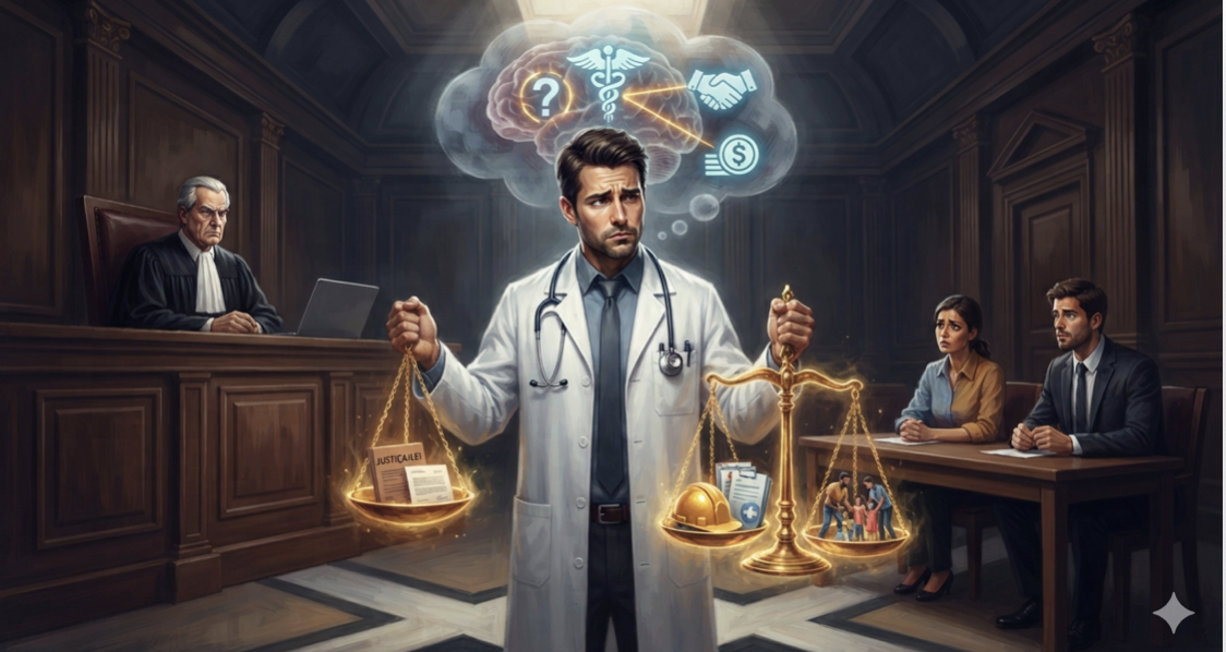 Ilustração de médico do trabalho em tribunal segurando uma balança, em referência aos dilemas éticos e profissionais de sua atuação em perícias judiciais