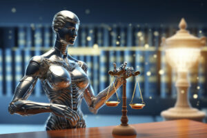 Robô humanoide de aparência feminina segura uma balança da Justiça diante de um tribunal, em representação do uso da inteligência artificial no Direito