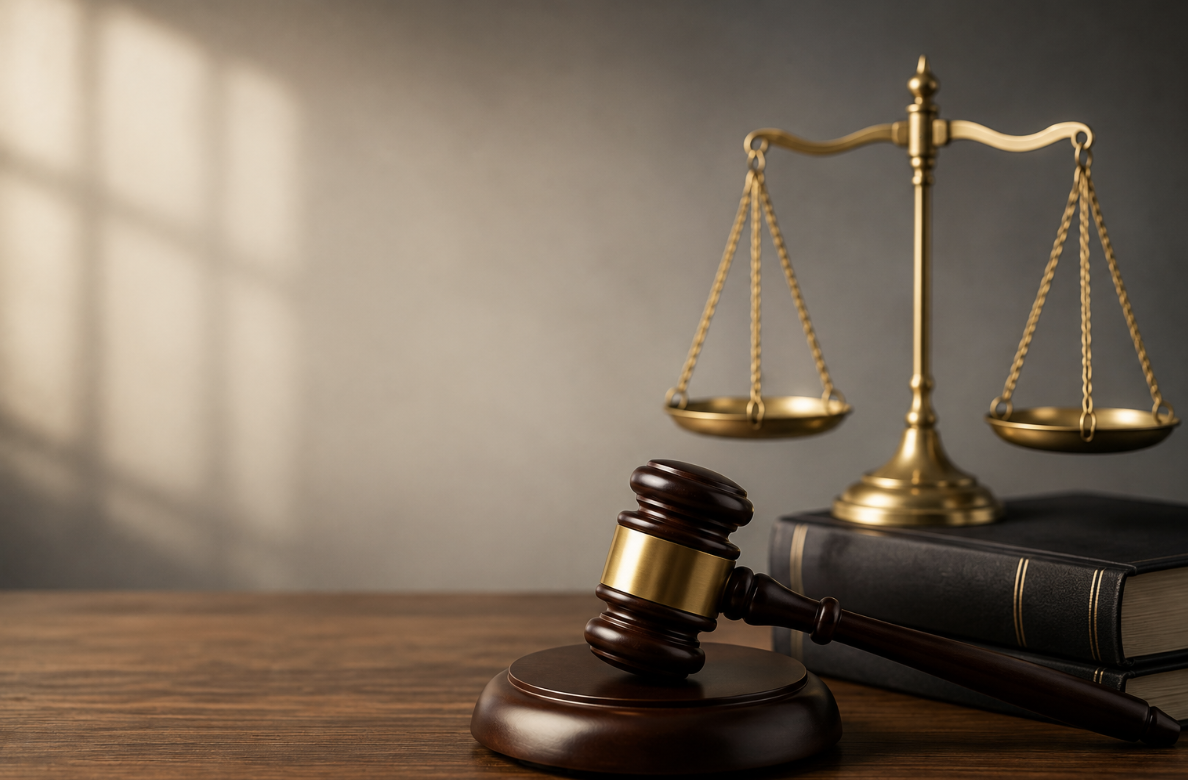 Balança da Justiça e martelo judicial sobre livros, em imagem que representa análise cautelar, equilíbrio e decisões no Direito Concorrencial