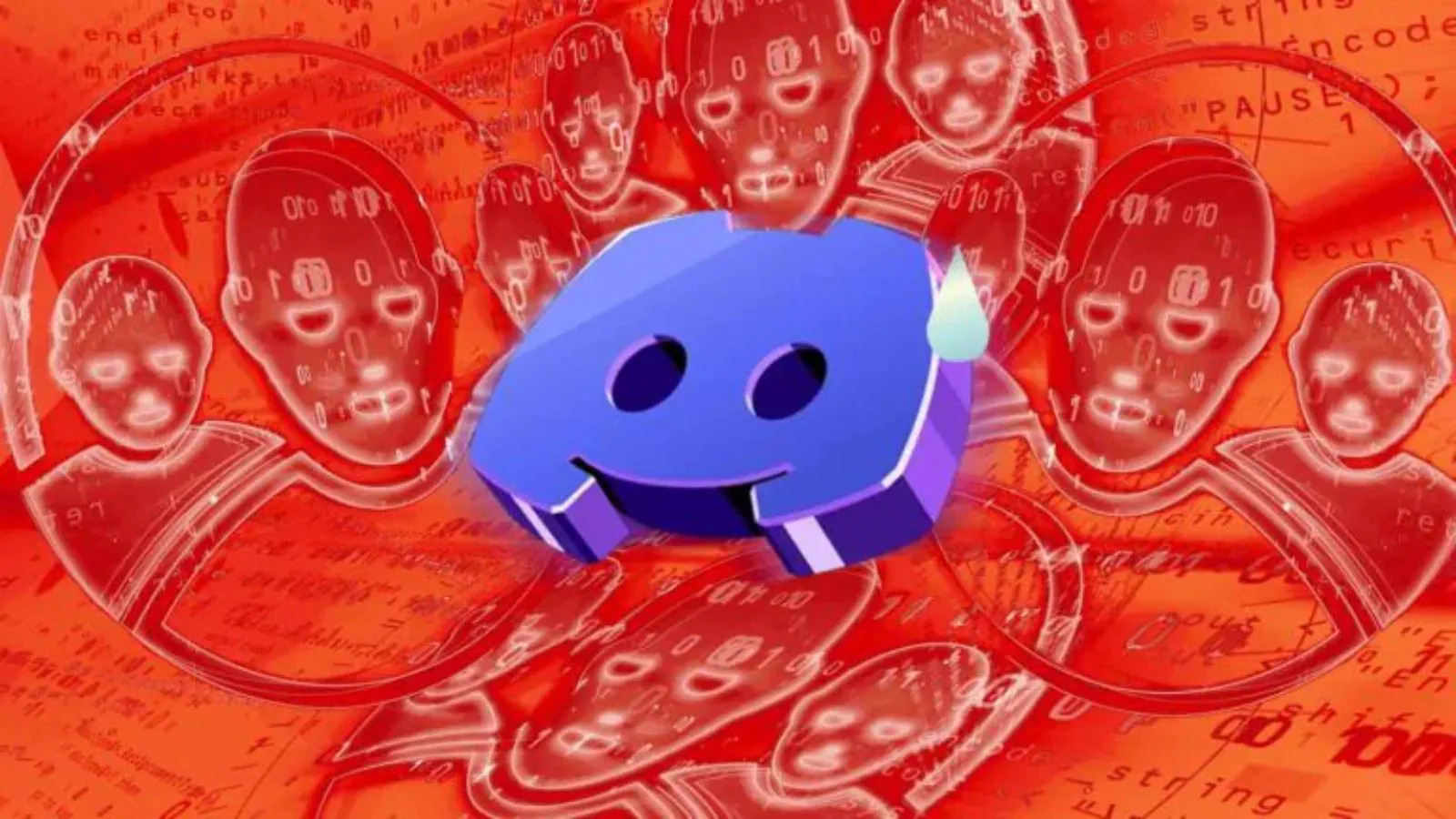 Imagem ilustrativa do Discord cercado por figuras digitais e códigos, em referência a riscos online, segurança digital e proteção de menores na plataforma