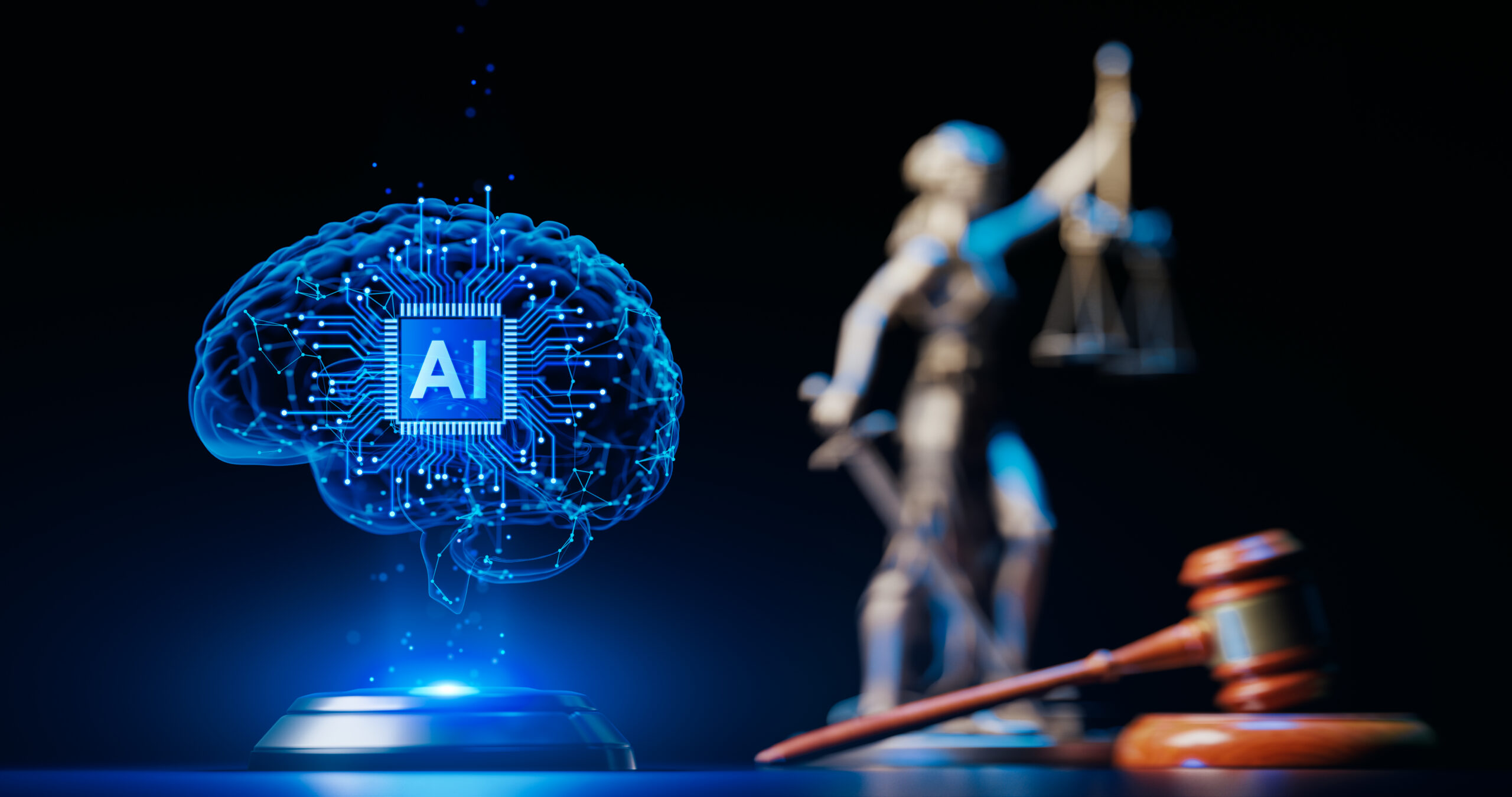 Representação de inteligência artificial aplicada ao Direito, com cérebro digital, balança da Justiça e martelo judicial sobre fundo escuro.