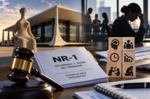 Imagem com referência ao STF, à NR-1 e à segurança e saúde no trabalho, com martelo judicial, documento e símbolos ligados a riscos psicossociais