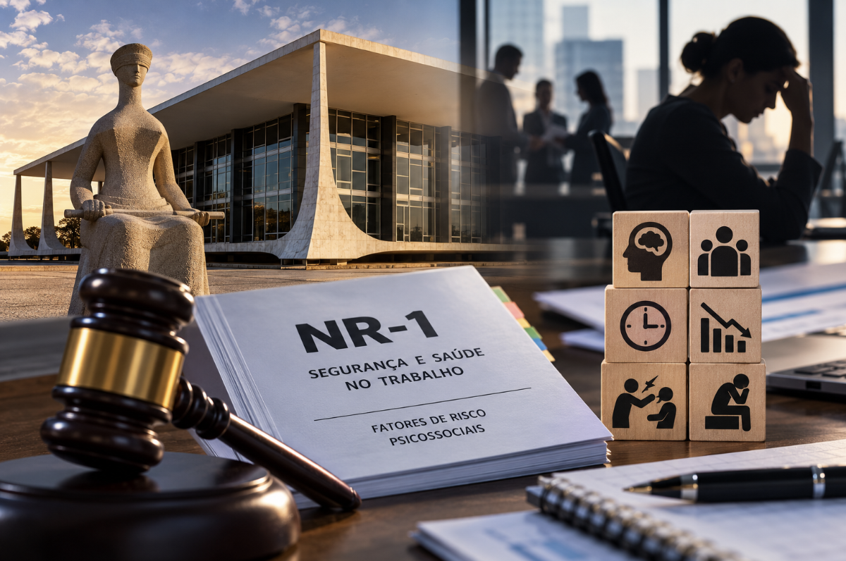 Imagem com referência ao STF, à NR-1 e à segurança e saúde no trabalho, com martelo judicial, documento e símbolos ligados a riscos psicossociais