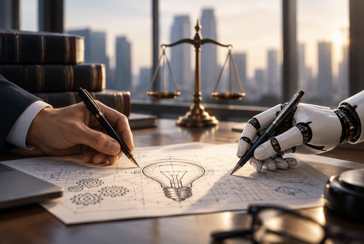 Mão humana e braço robótico desenham uma invenção sobre documentos, com balança da Justiça ao fundo, em referência à autoria de criações feitas com inteligência artificial
