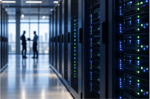 Corredor de data center com servidores em funcionamento, em imagem que representa infraestrutura digital e investimentos sujeitos às regras do REDATA