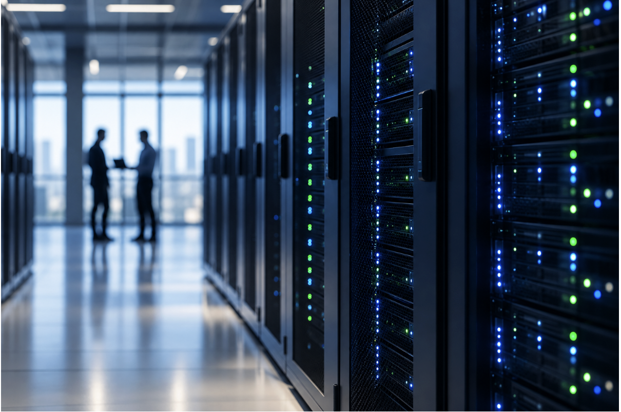 Corredor de data center com servidores em funcionamento, em imagem que representa infraestrutura digital e investimentos sujeitos às regras do REDATA