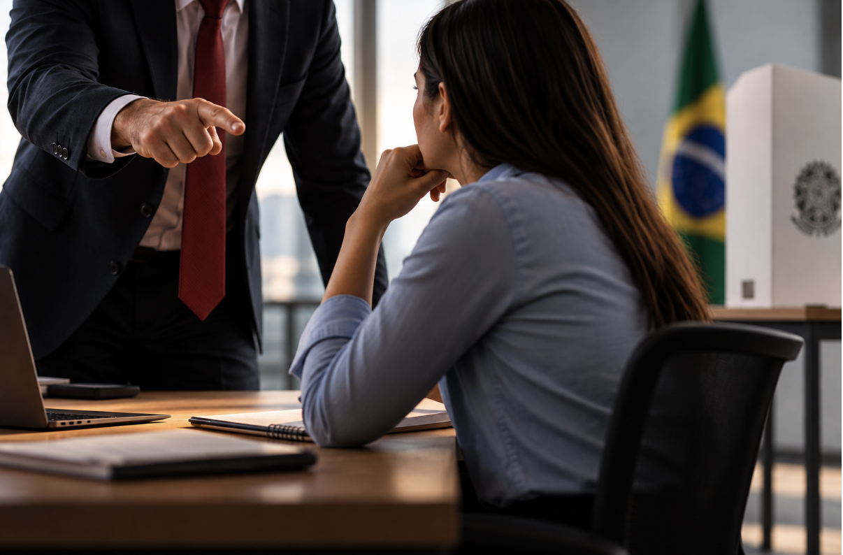 Homem em posição de chefia aponta para funcionária sentada em escritório, com urna e bandeira do Brasil ao fundo, em representação de pressão política no ambiente de trabalho