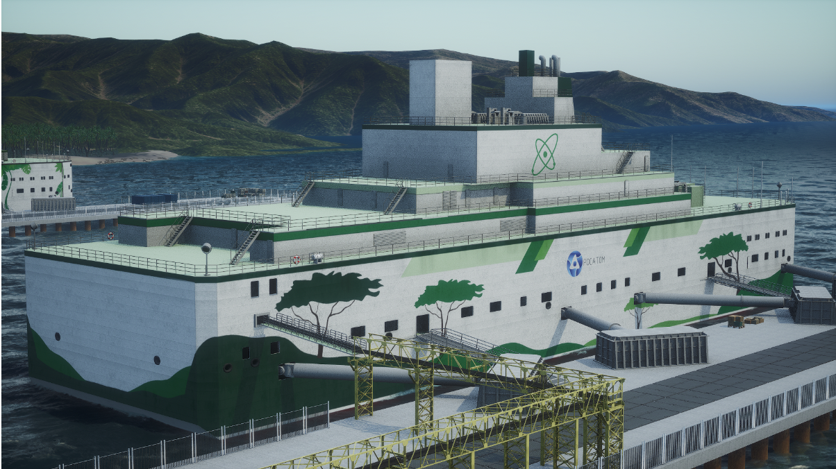 Ilustração de usina nuclear flutuante projetada para operar em região costeira, em referência ao novo acordo da Rosatom com a Indonésia