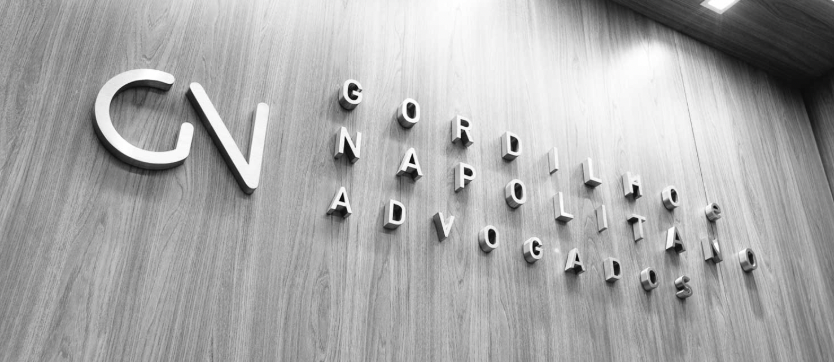 Logotipo do escritório Gordilho e Napolitano Advogados aplicado em parede de madeira, em imagem institucional da banca