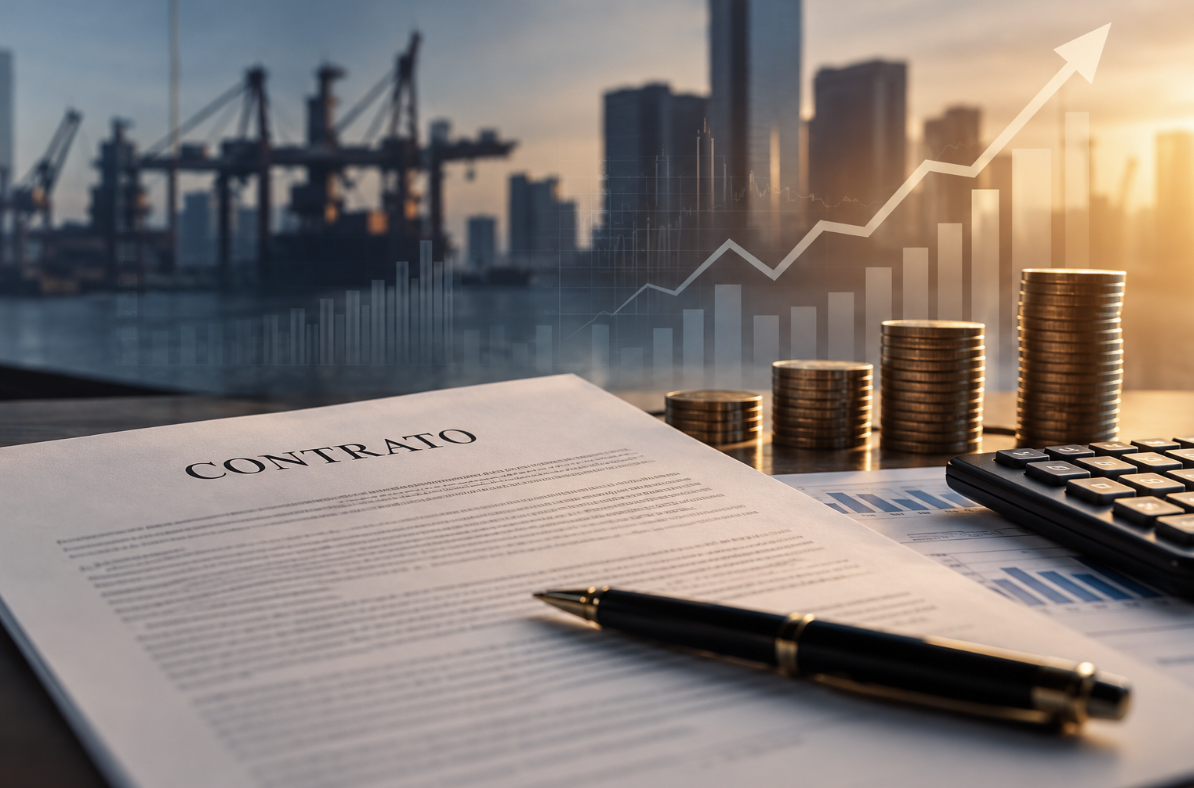 Contrato empresarial sobre mesa com moedas, calculadora e gráfico de alta de custos ao fundo, em referência a reajustes, desequilíbrio econômico e revisão contratual