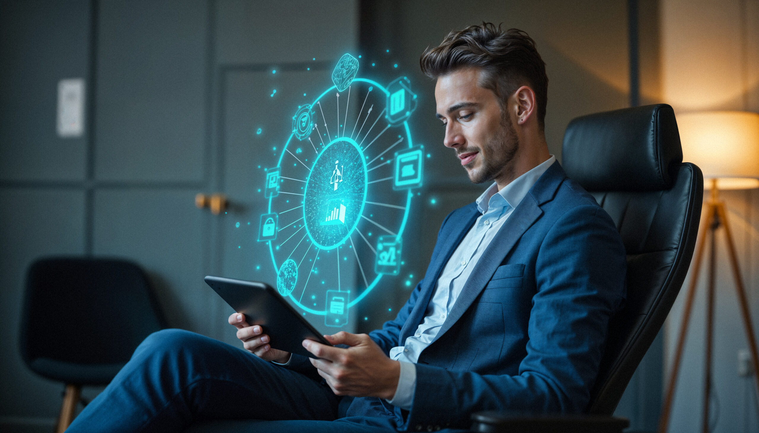 Profissional utiliza tablet diante de interface digital com ícones de dados, automação e tecnologia, em referência à transformação operacional do Jurídico com inteligência artificial